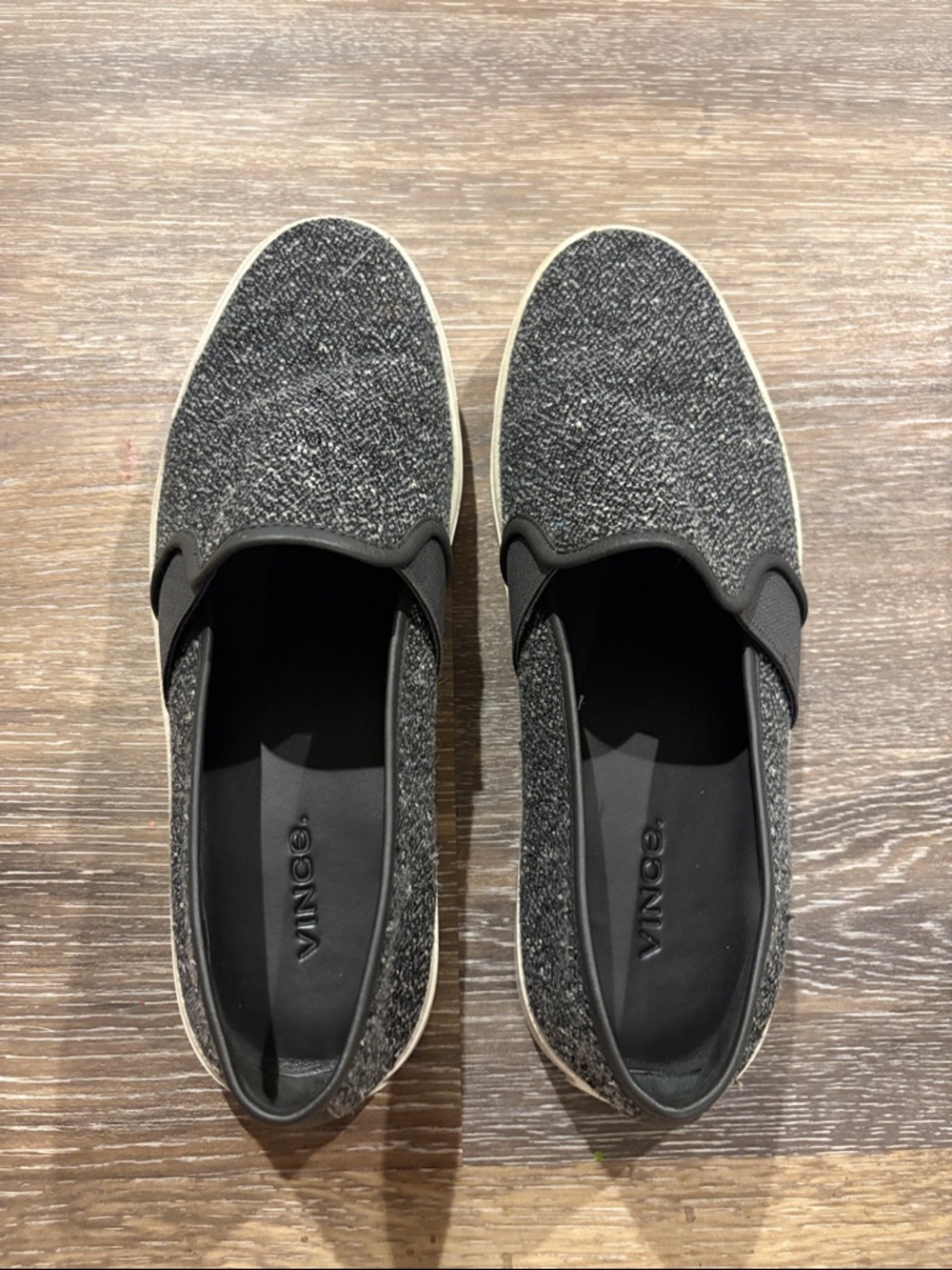 Vince Slip-On Knit Flats in Charcoal Gray with Ivory Trim